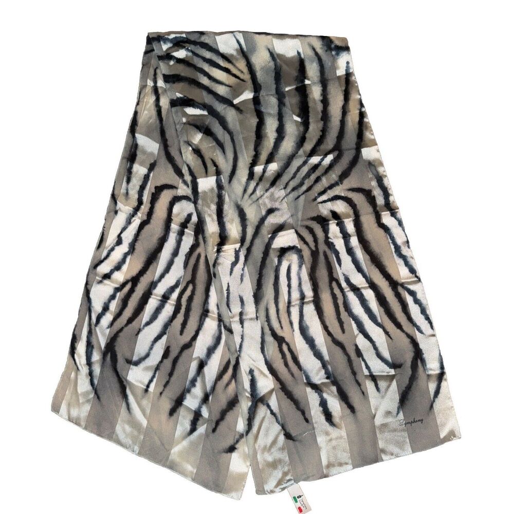 Vintage Symphony Scarf Made In Italy Animal Print Grey Black Silver 13x62”